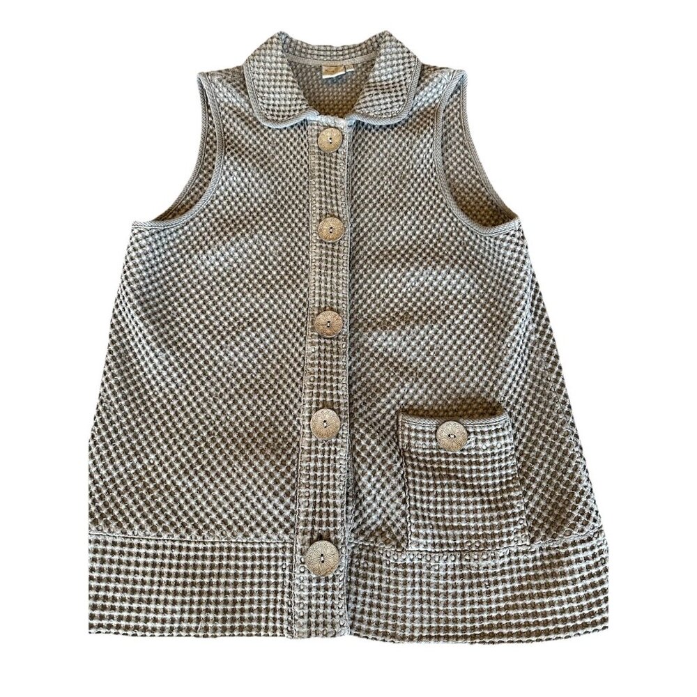 Focus Women's L Vest Sleeveless Grey Button Front Pocket Lagenlook Waffle Knit